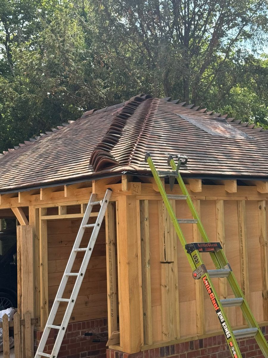 Clay tile roof detail on carport, Knebworth