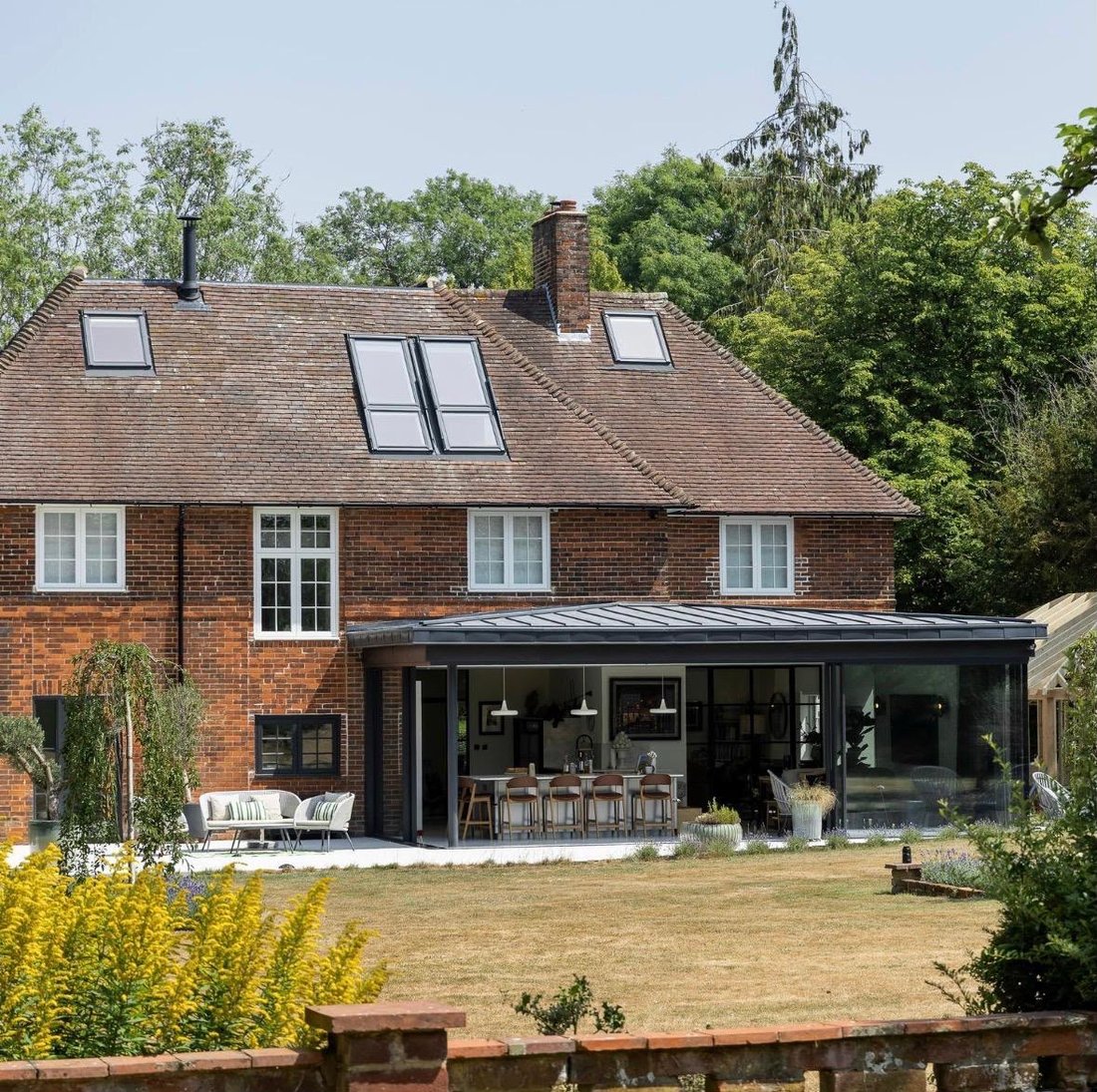 Completed glazed rear extension from the garden, Knebworth renovation